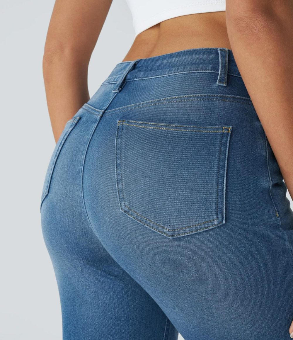 High Waisted Multiple Pockets Straight Leg Cool Touch Washed Stretchy Knit Casual Jeans  | Womens  Jeans Clothing Crushed Ice Blue Denim/Azure Pool Denim