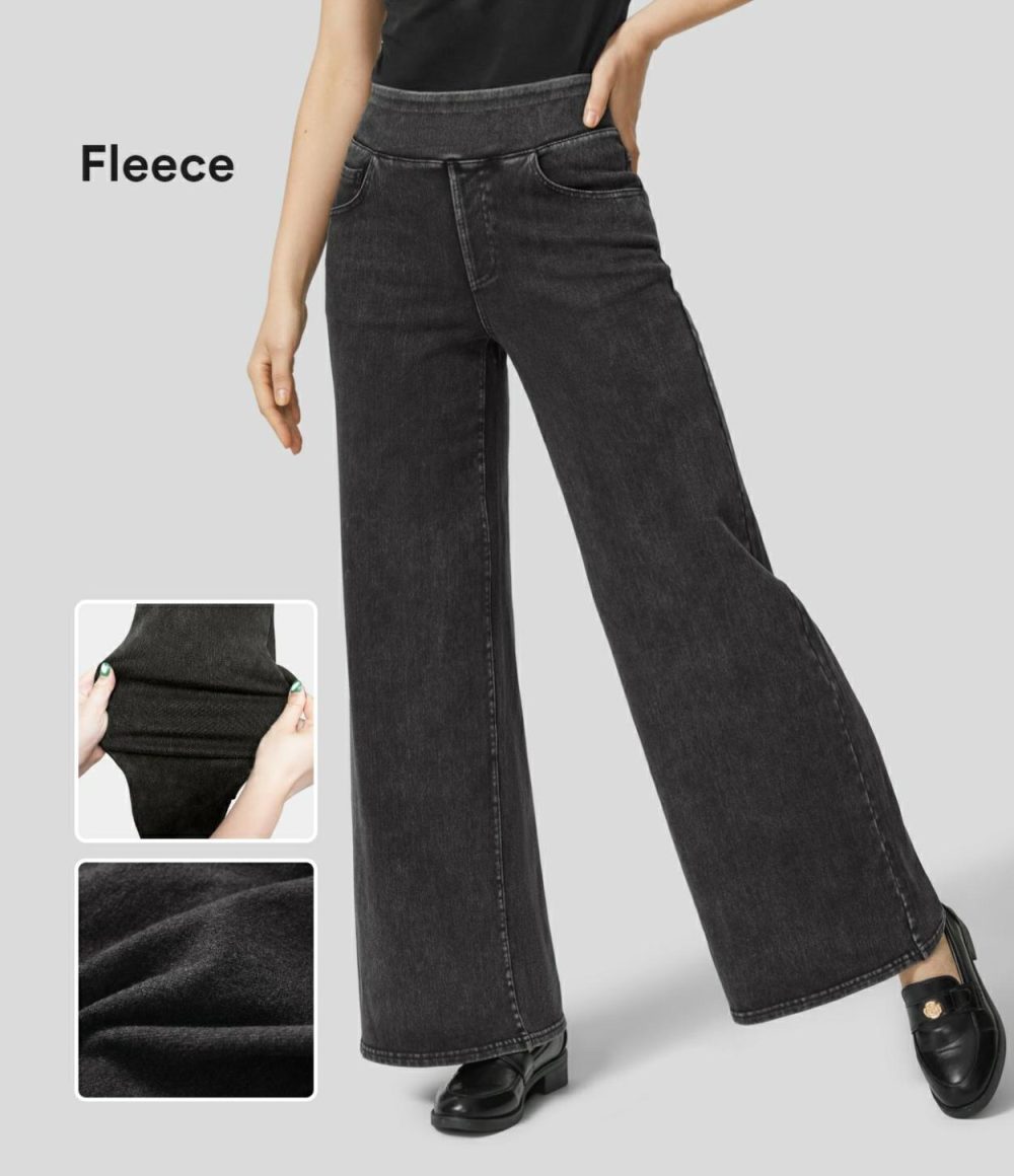 High Waisted Multiple Pockets Straight Leg Stretchy Knit Casual Fleece Jeans  | Womens  Jeans Clothing Denim Black/Washed Denim Black/Washed Denim Dark Blue