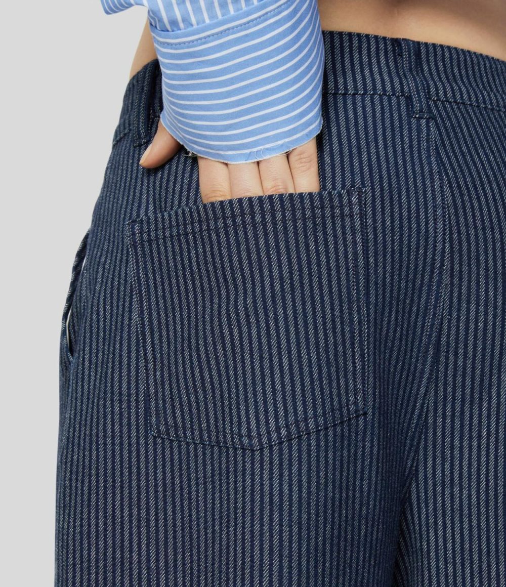 High Waisted Multiple Pockets Striped Washed Stretchy Knit Casual Wide Leg Jeans  | Womens  Jeans Clothing Denim Shorts