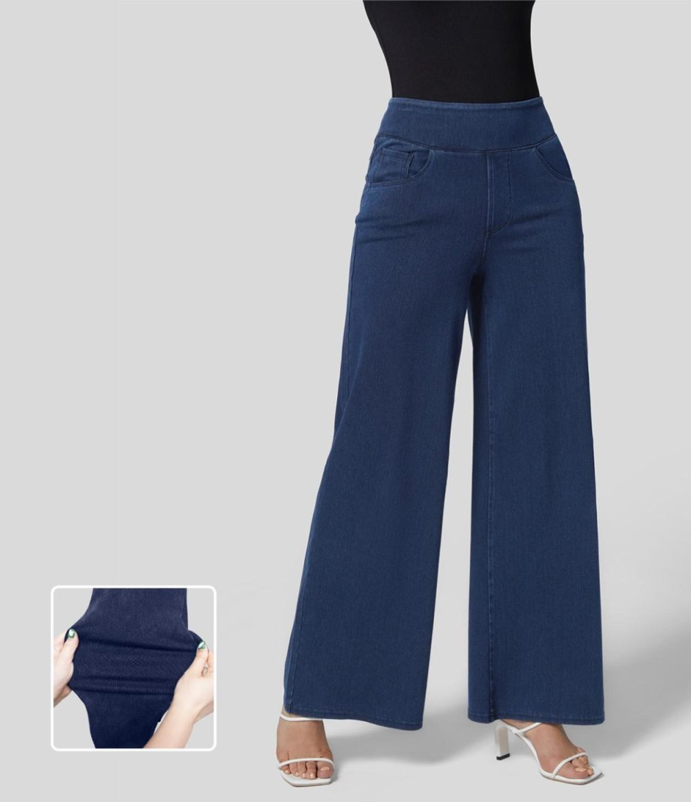 High Waisted Multiple Pockets Wide Leg Loose Stretchy Knit Work Jeans  | Womens  Active Work Pants Active Work Pants Active Work Pants