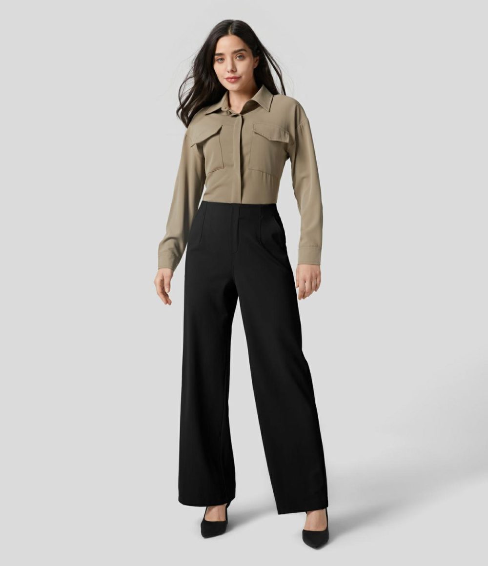 High Waisted Multiple Pockets Wide Leg Work Pants  | Womens  Active Work Pants Active Work Pants Active Work Pants