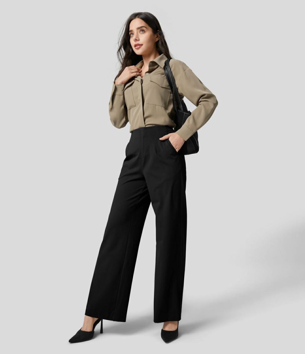 High Waisted Multiple Pockets Wide Leg Work Pants  | Womens  Active Work Pants Active Work Pants Active Work Pants