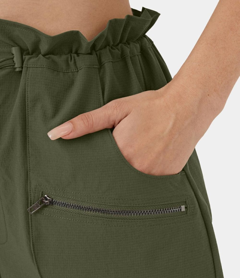 High Waisted Paper Bag Waist Adjustable Drawcord Zipper Side Pocket Button Split Casual Cargo Shorts 2”  | Womens  Cargo Pants Cargo Pants Black/Icy Bamboo Green