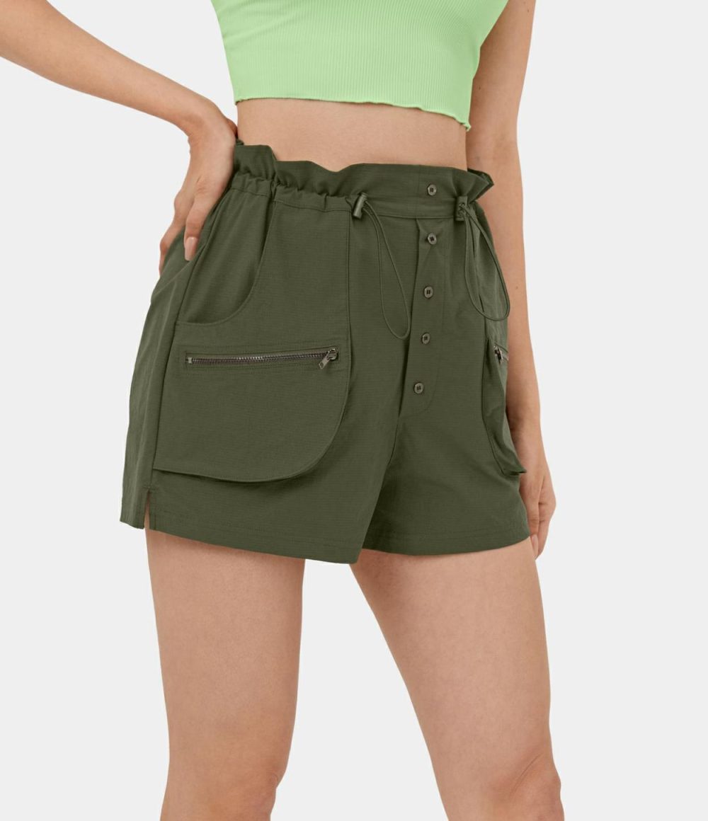 High Waisted Paper Bag Waist Adjustable Drawcord Zipper Side Pocket Button Split Casual Cargo Shorts 2”  | Womens  Cargo Pants Cargo Pants Black/Icy Bamboo Green