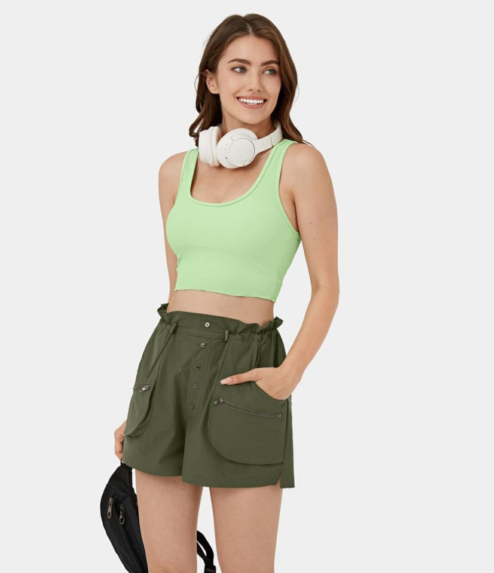 High Waisted Paper Bag Waist Adjustable Drawcord Zipper Side Pocket Button Split Casual Cargo Shorts 2”  | Womens  Cargo Pants Cargo Pants Black/Icy Bamboo Green