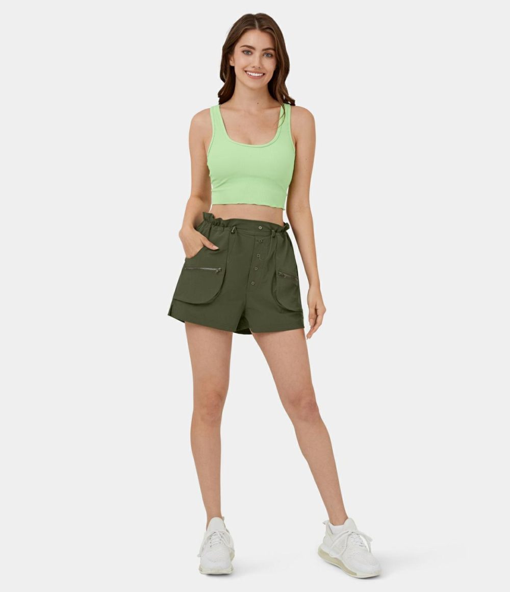 High Waisted Paper Bag Waist Adjustable Drawcord Zipper Side Pocket Button Split Casual Cargo Shorts 2”  | Womens  Cargo Pants Cargo Pants Black/Icy Bamboo Green