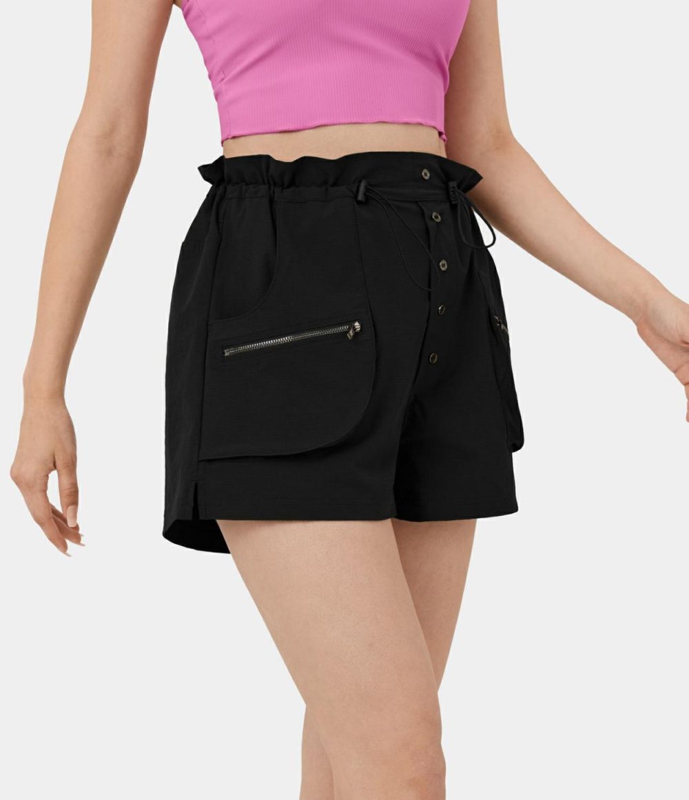 High Waisted Paper Bag Waist Adjustable Drawcord Zipper Side Pocket Button Split Casual Cargo Shorts 2”  | Womens  Cargo Pants Cargo Pants Black/Icy Bamboo Green