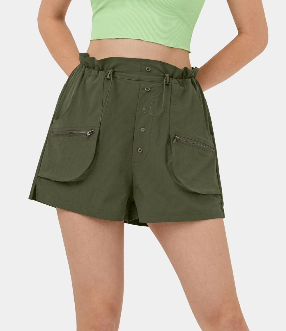 High Waisted Paper Bag Waist Adjustable Drawcord Zipper Side Pocket Button Split Casual Cargo Shorts 2”  | Womens  Cargo Pants Cargo Pants Black/Icy Bamboo Green