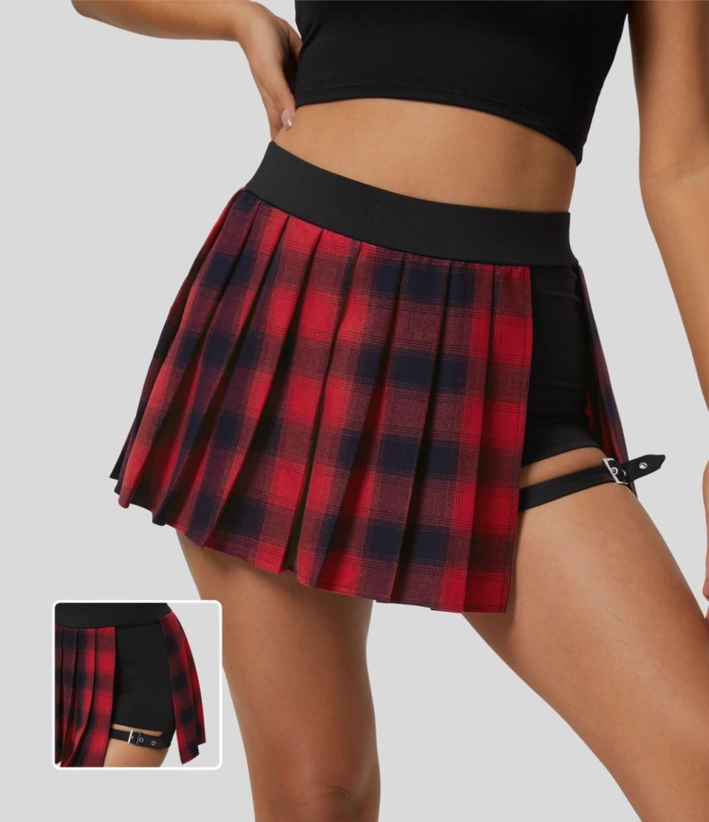 High Waisted Pleated 2-in-1 Side Pocket Adjustable Buckle Plaid Micro Casual Skirt  | Womens  Pleated Skirts Clothing Pleated Skirts