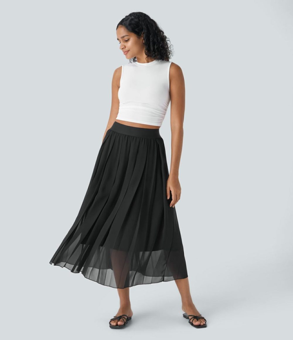 High Waisted Pleated Midi Casual Skirt  | Womens  Pleated Skirts Clothing Pleated Skirts