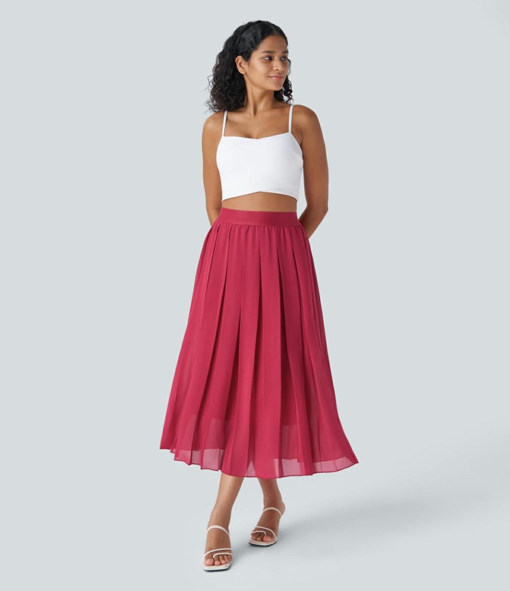 High Waisted Pleated Midi Casual Skirt  | Womens  Pleated Skirts Clothing Pleated Skirts