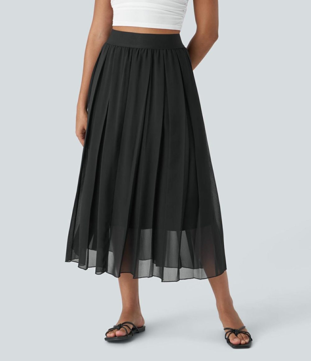 High Waisted Pleated Midi Casual Skirt  | Womens  Pleated Skirts Clothing Pleated Skirts