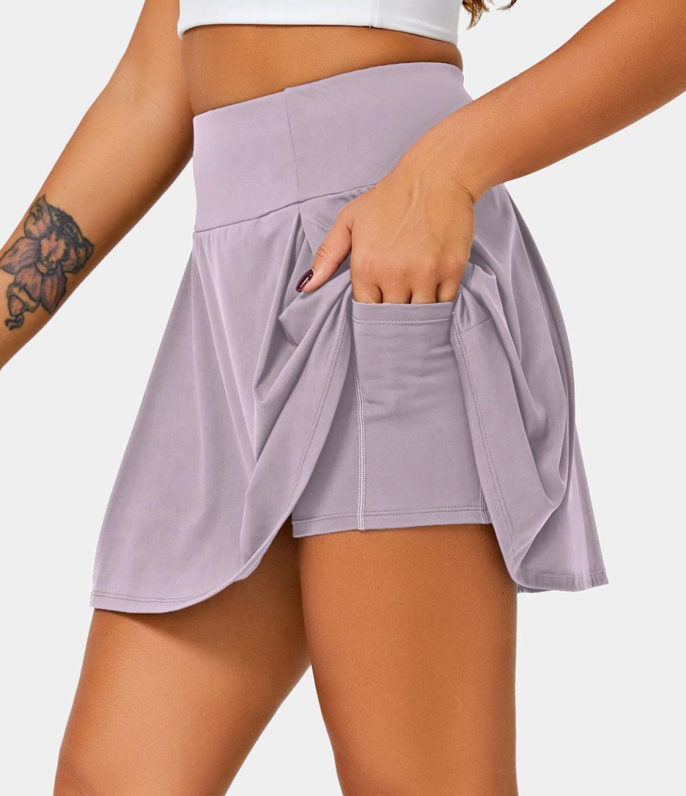 High Waisted Pleated Side Pocket 2-in-1 Plain Skirt  | Womens  Mini Skirts Clothing Mini Skirts