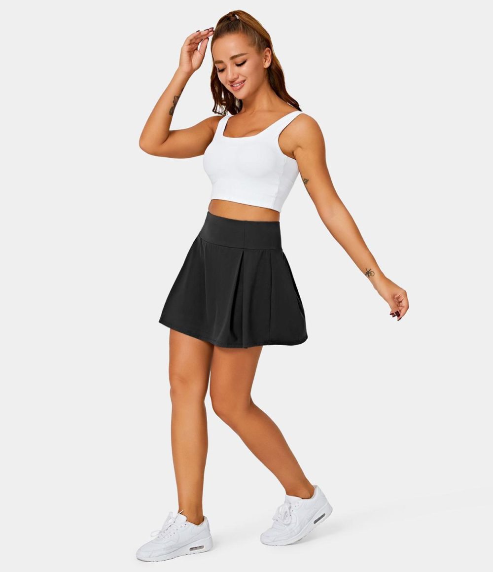 High Waisted Pleated Side Pocket 2-in-1 Plain Skirt  | Womens  Mini Skirts Clothing Mini Skirts