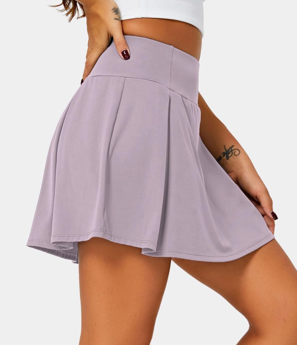 High Waisted Pleated Side Pocket 2-in-1 Plain Skirt  | Womens  Mini Skirts Clothing Mini Skirts