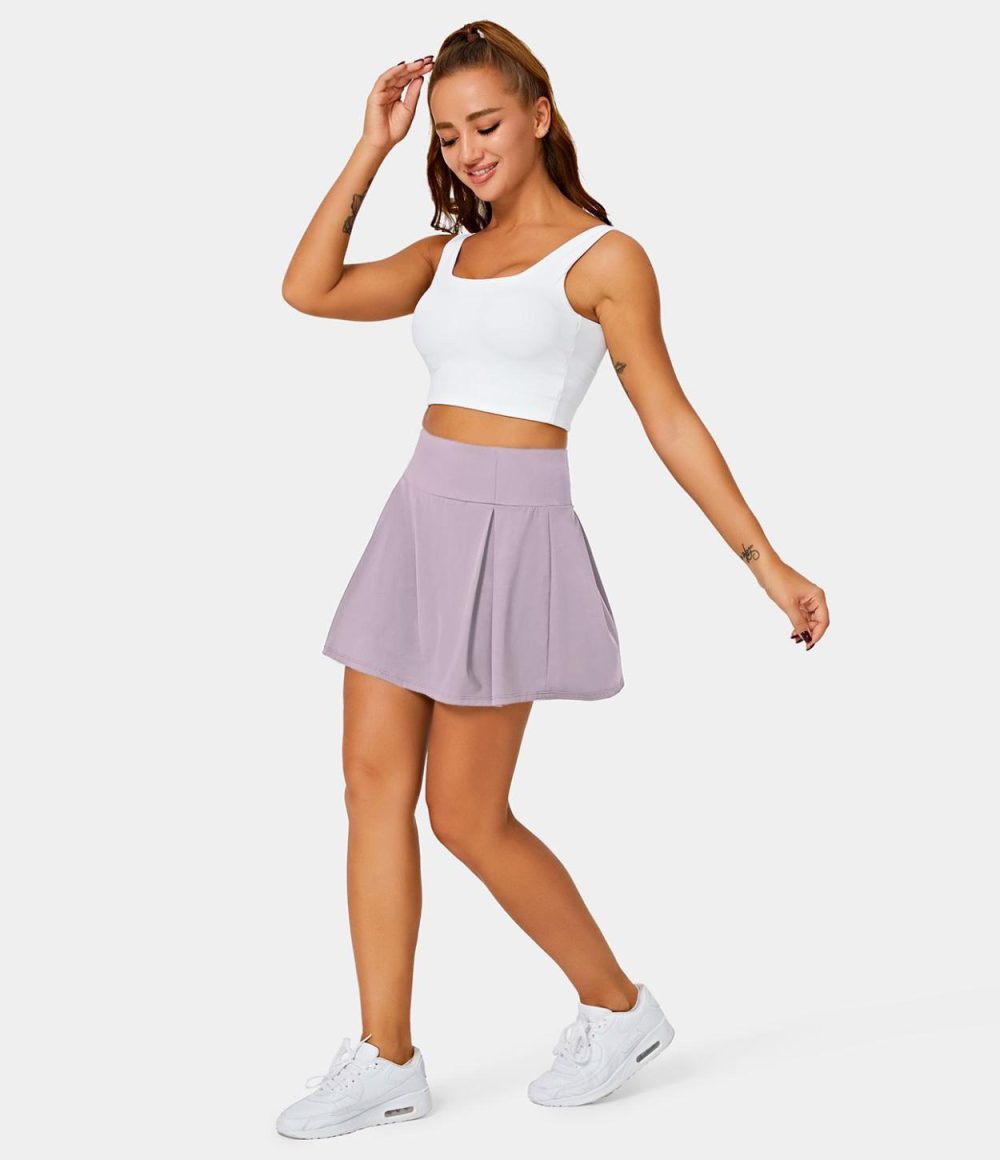 High Waisted Pleated Side Pocket 2-in-1 Plain Skirt  | Womens  Mini Skirts Clothing Mini Skirts