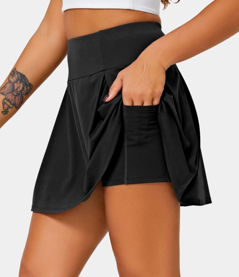 High Waisted Pleated Side Pocket 2-in-1 Plain Skirt  | Womens  Mini Skirts Clothing Mini Skirts