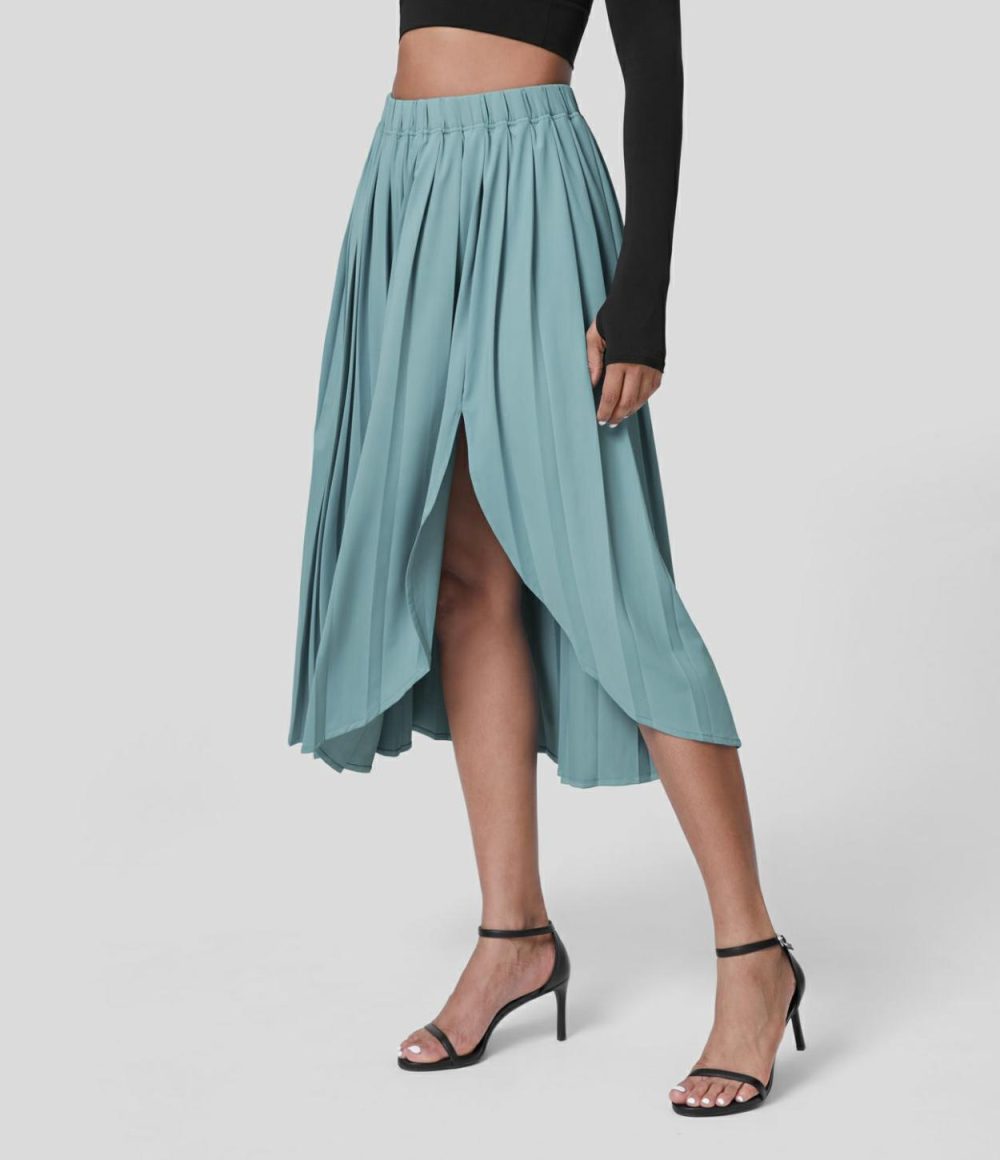 High Waisted Pleated Split Asymmetric Hem Midi Casual Skirt  | Womens  Pleated Skirts Clothing Pleated Skirts