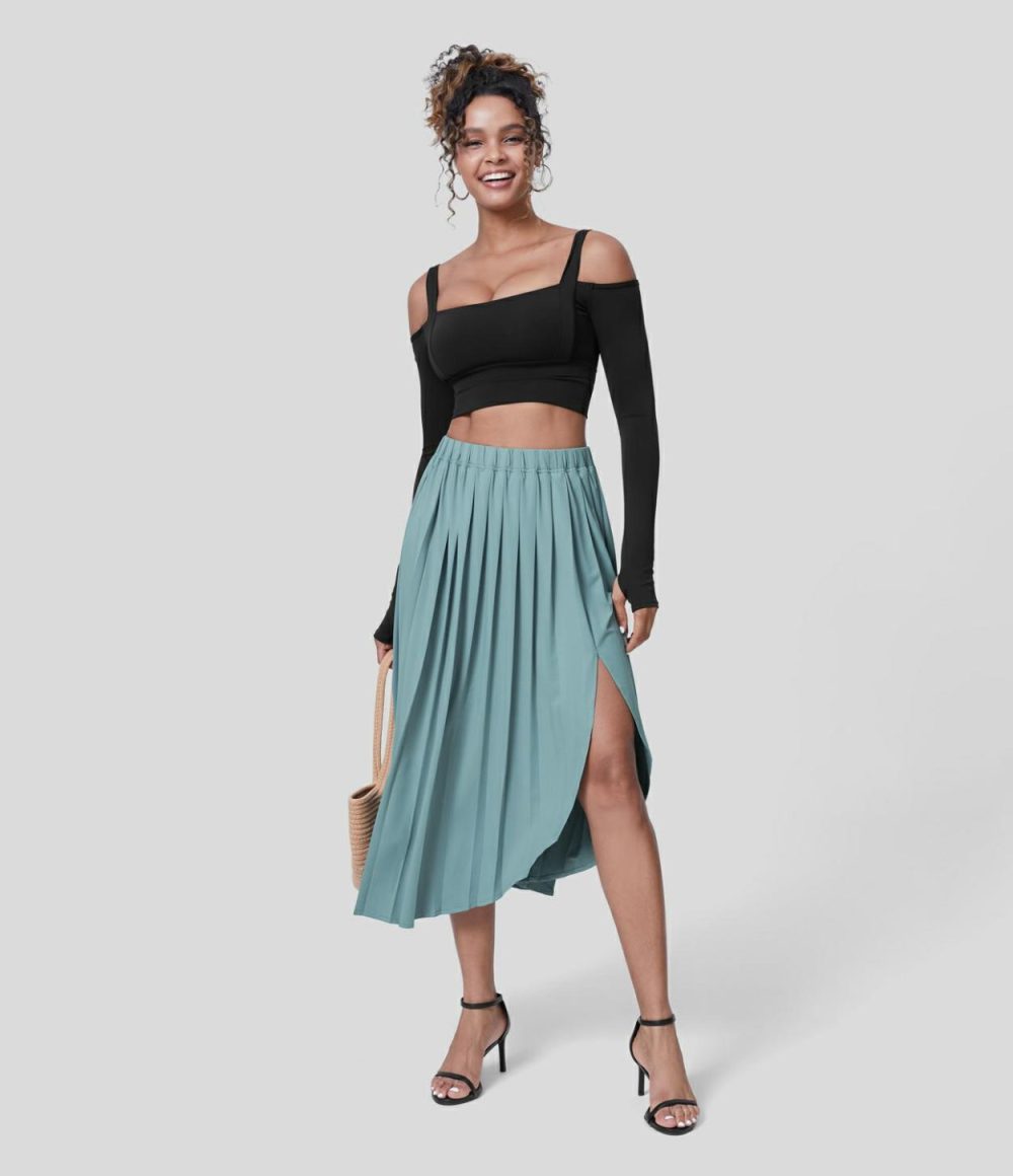 High Waisted Pleated Split Asymmetric Hem Midi Casual Skirt  | Womens  Pleated Skirts Clothing Pleated Skirts