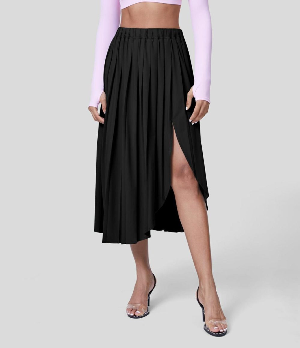 High Waisted Pleated Split Asymmetric Hem Midi Casual Skirt  | Womens  Pleated Skirts Clothing Pleated Skirts