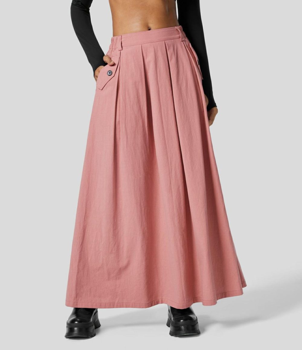 High Waisted Plicated Side Pocket Maxi A Line Casual Linen-Feel Skirt  | Womens  Everyday Skirts Clothing Everyday Skirts