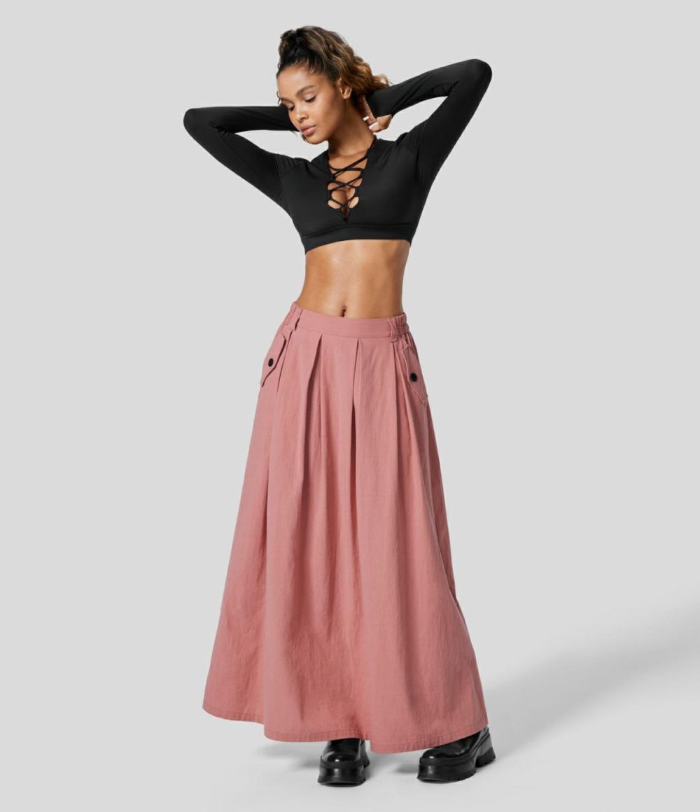 High Waisted Plicated Side Pocket Maxi A Line Casual Linen-Feel Skirt  | Womens  Everyday Skirts Clothing Everyday Skirts