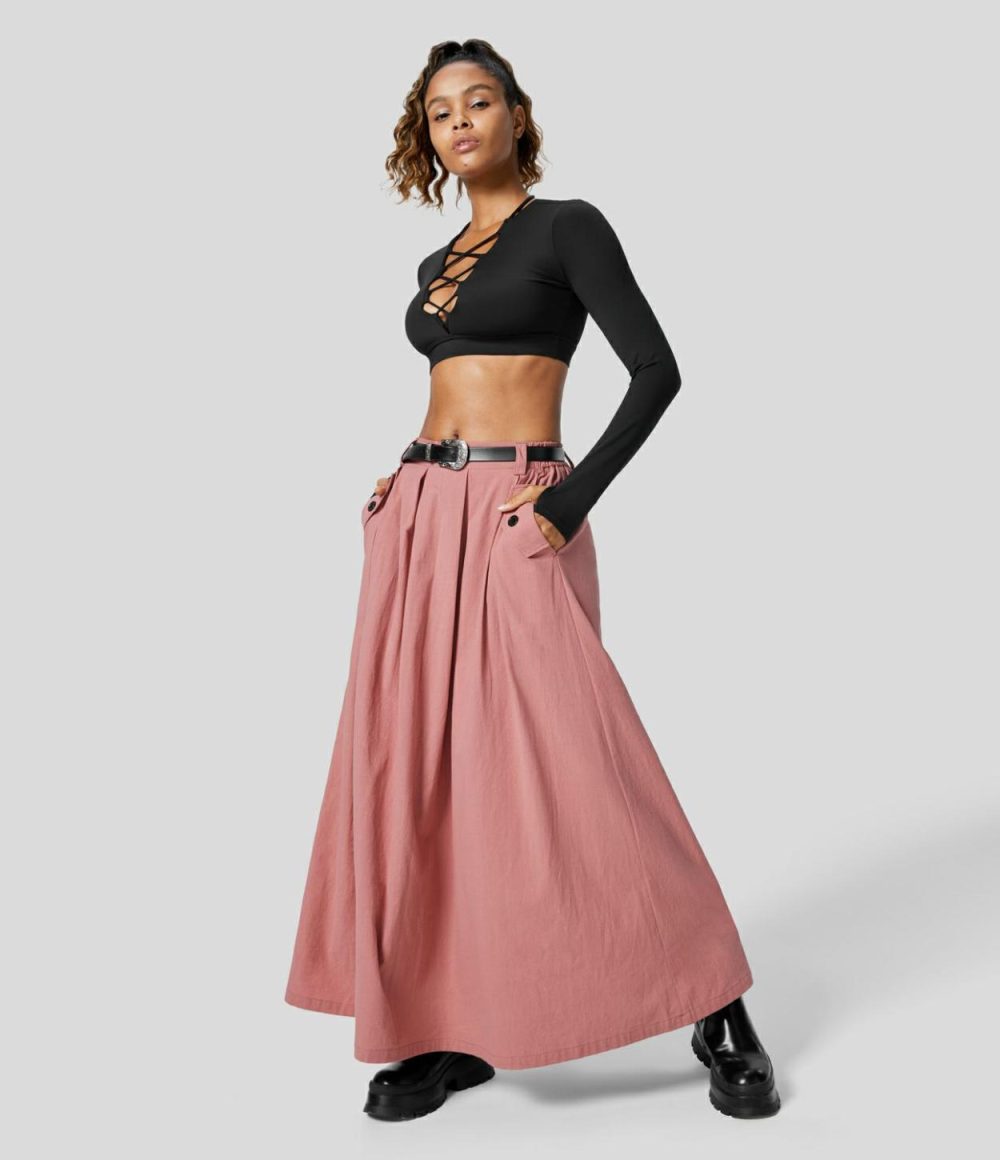 High Waisted Plicated Side Pocket Maxi A Line Casual Linen-Feel Skirt  | Womens  Everyday Skirts Clothing Everyday Skirts