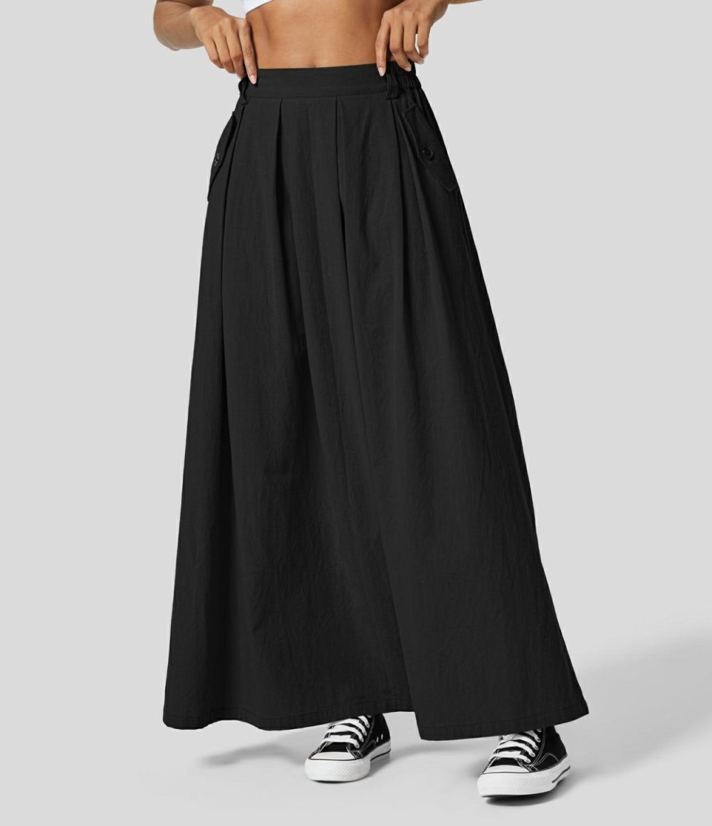 High Waisted Plicated Side Pocket Maxi A Line Casual Linen-Feel Skirt  | Womens  Everyday Skirts Clothing Everyday Skirts