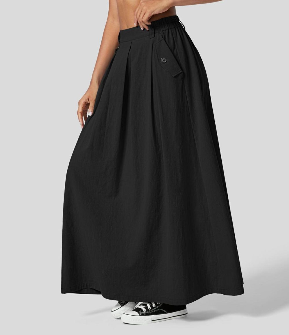 High Waisted Plicated Side Pocket Maxi A Line Casual Linen-Feel Skirt  | Womens  Everyday Skirts Clothing Everyday Skirts