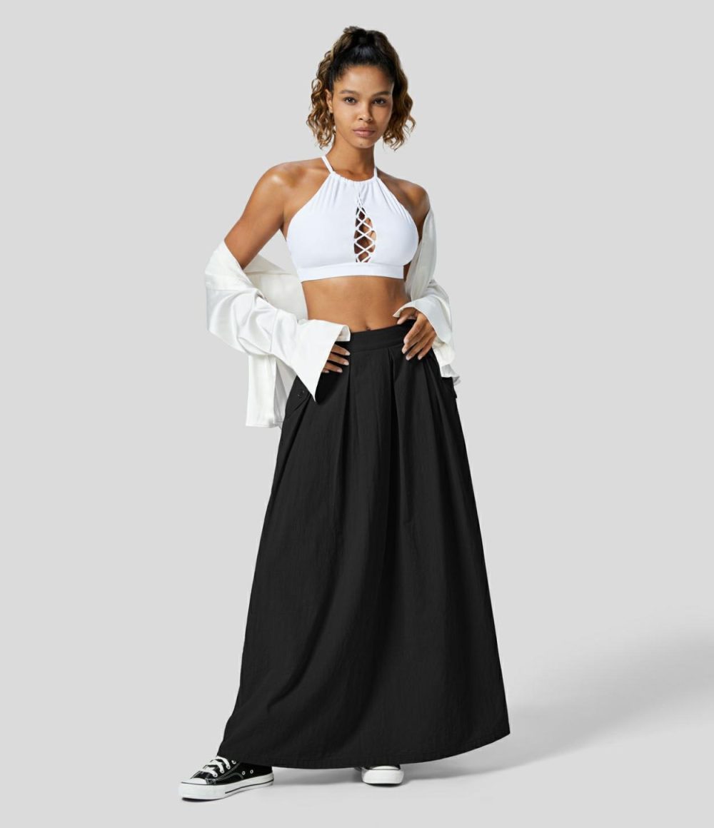 High Waisted Plicated Side Pocket Maxi A Line Casual Linen-Feel Skirt  | Womens  Everyday Skirts Clothing Everyday Skirts