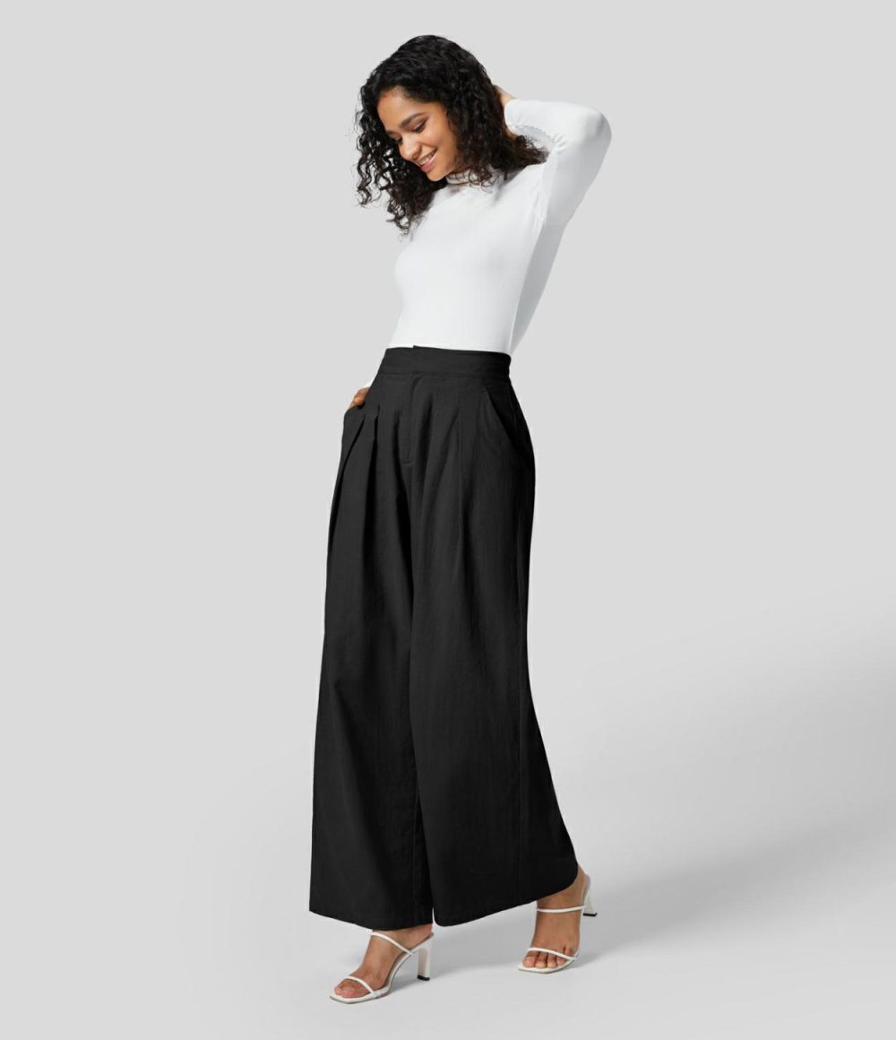 High Waisted Plicated Side Pocket Solid Wide Leg Work Linen-Feel Pants  | Womens  Active Work Pants Active Work Pants Active Work Pants