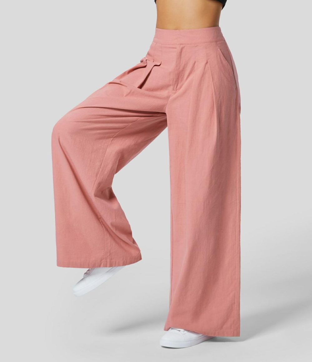 High Waisted Plicated Side Pocket Solid Wide Leg Work Linen-Feel Pants  | Womens  Active Work Pants Active Work Pants Active Work Pants