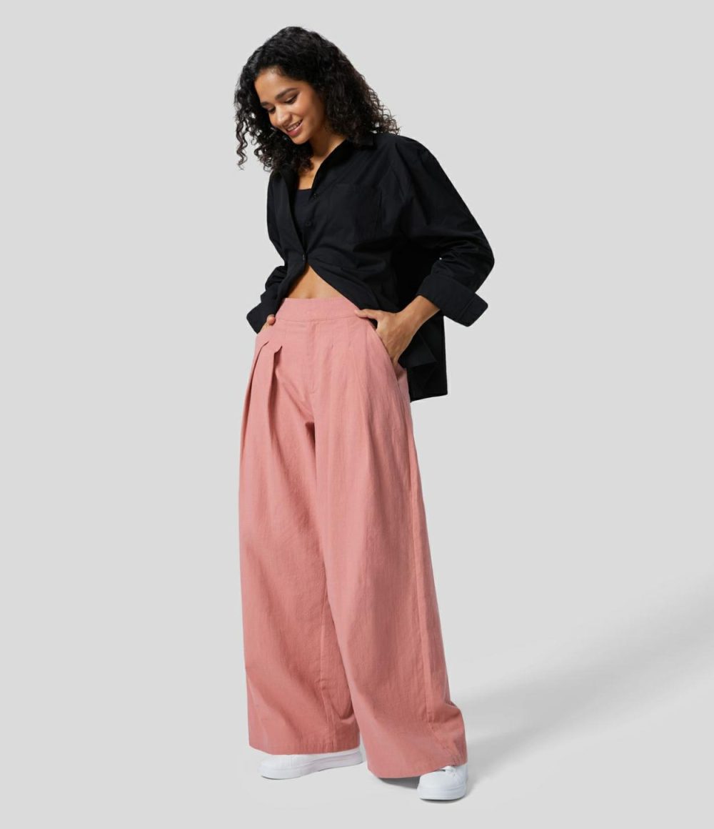 High Waisted Plicated Side Pocket Solid Wide Leg Work Linen-Feel Pants  | Womens  Active Work Pants Active Work Pants Active Work Pants