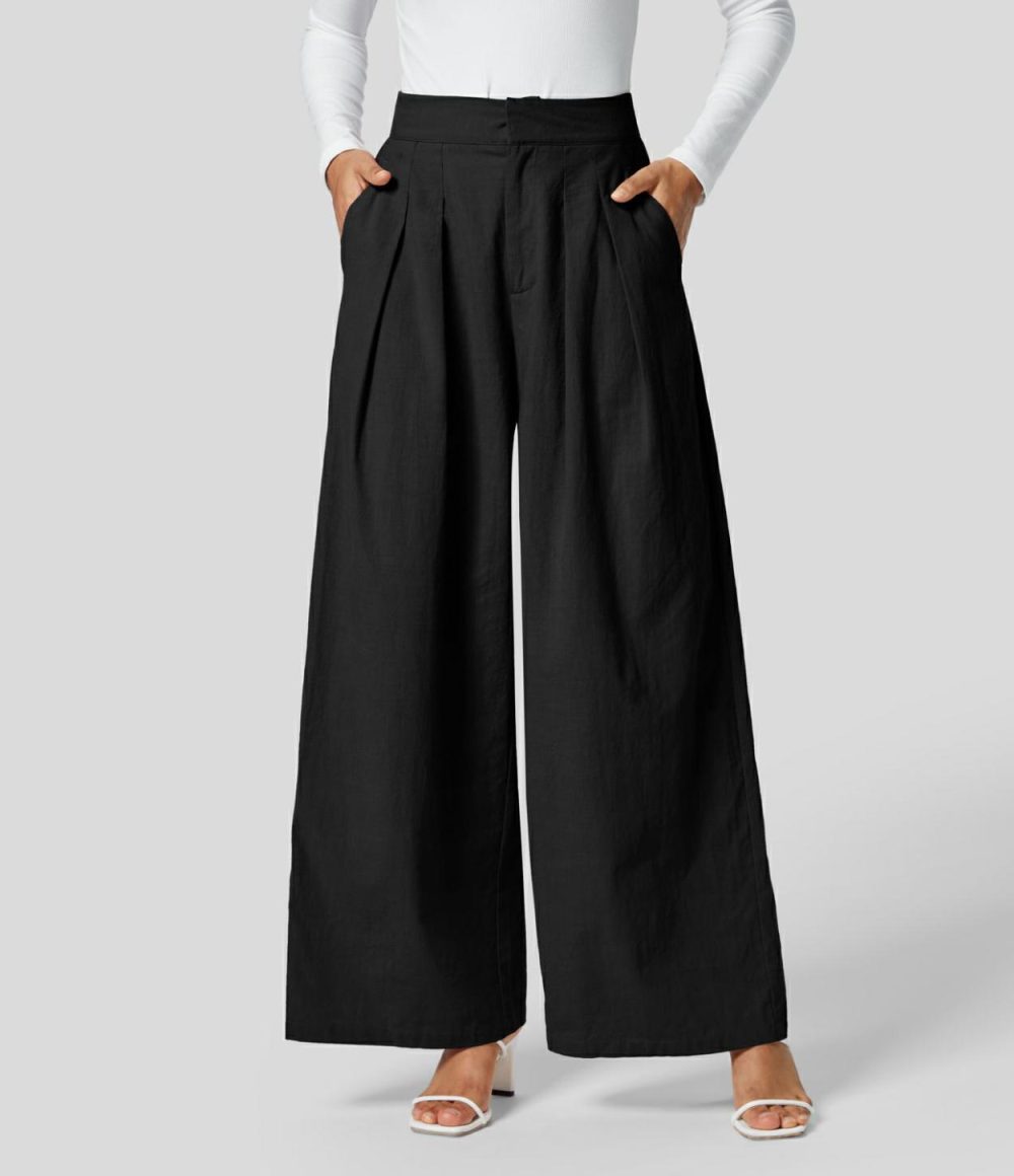 High Waisted Plicated Side Pocket Solid Wide Leg Work Linen-Feel Pants  | Womens  Active Work Pants Active Work Pants Active Work Pants