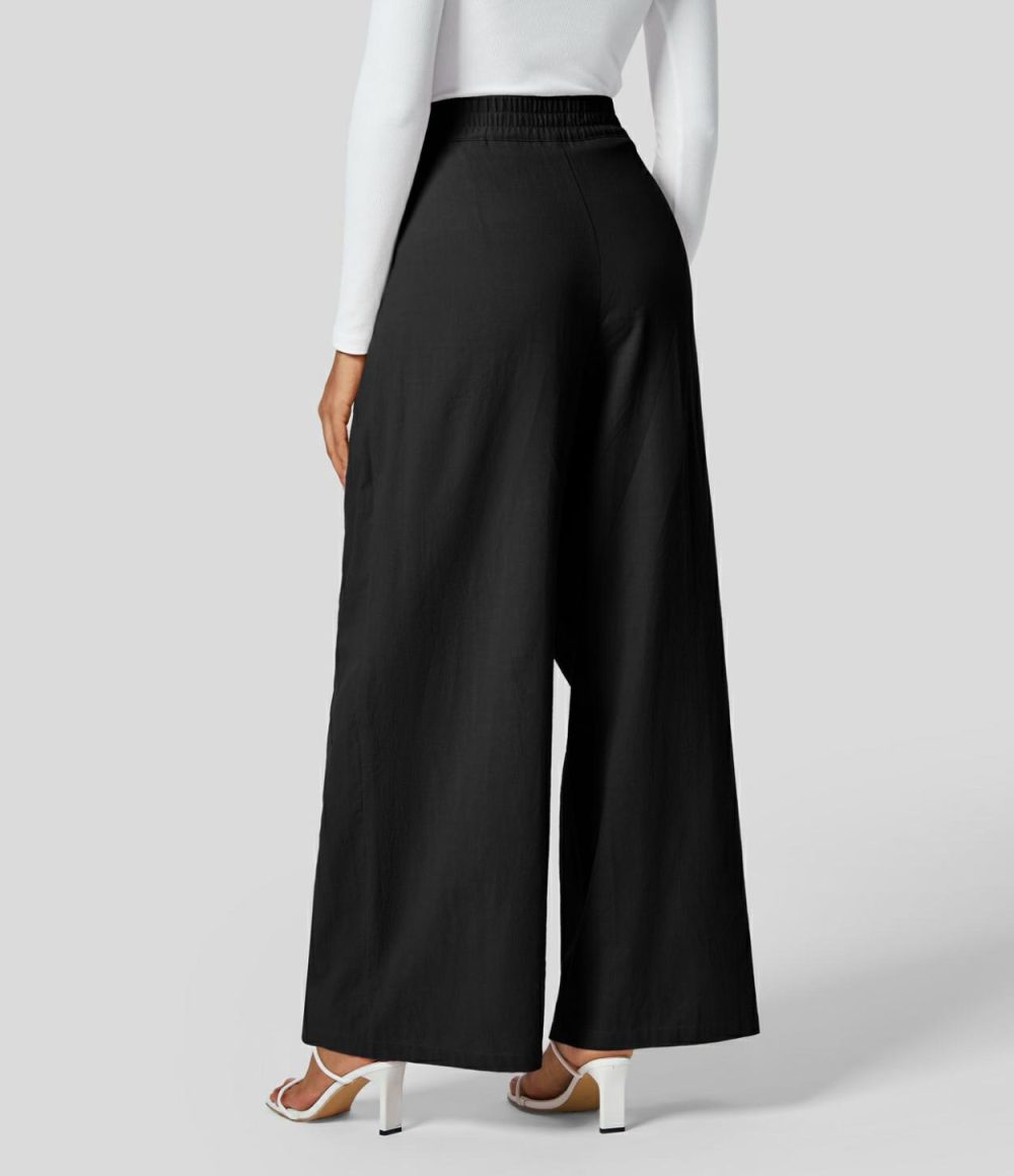 High Waisted Plicated Side Pocket Solid Wide Leg Work Linen-Feel Pants  | Womens  Active Work Pants Active Work Pants Active Work Pants