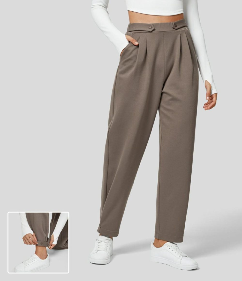 High Waisted Plicated Side Pocket Straight Leg Adjustable Hem Work Pants  | Womens  Active Work Pants Active Work Pants Active Work Pants