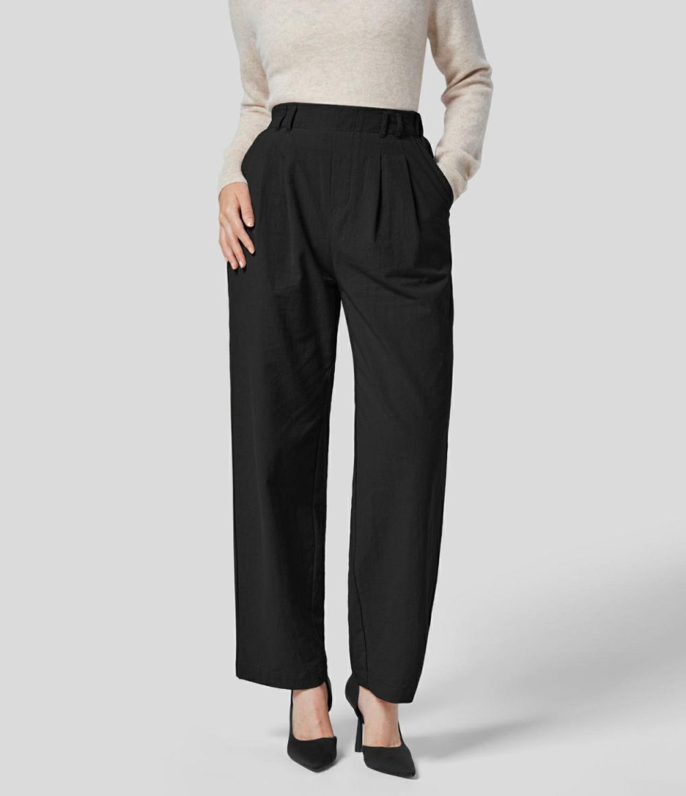 High Waisted Plicated Side Pocket Straight Leg Flowy Solid Palazzo Work Linen-Feel Pants  | Womens  Active Work Pants Active Work Pants Active Work Pants