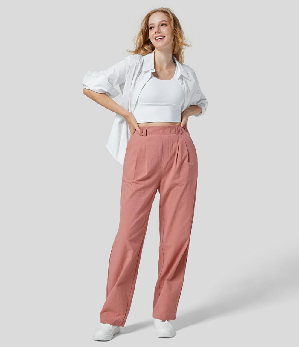 High Waisted Plicated Side Pocket Straight Leg Flowy Solid Palazzo Work Linen-Feel Pants  | Womens  Active Work Pants Active Work Pants Active Work Pants