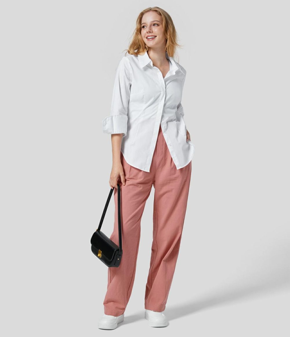 High Waisted Plicated Side Pocket Straight Leg Flowy Solid Palazzo Work Linen-Feel Pants  | Womens  Active Work Pants Active Work Pants Active Work Pants