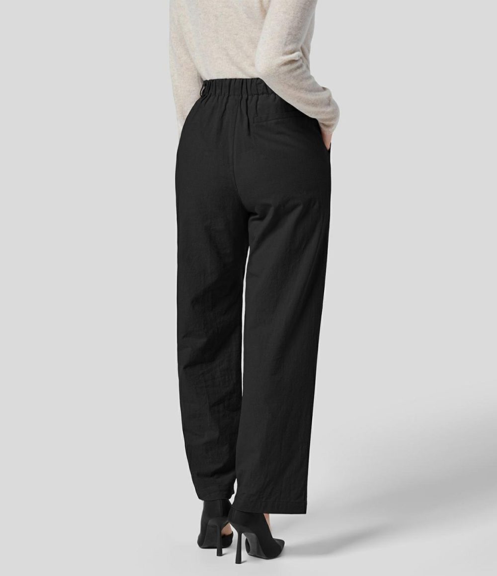 High Waisted Plicated Side Pocket Straight Leg Flowy Solid Palazzo Work Linen-Feel Pants  | Womens  Active Work Pants Active Work Pants Active Work Pants