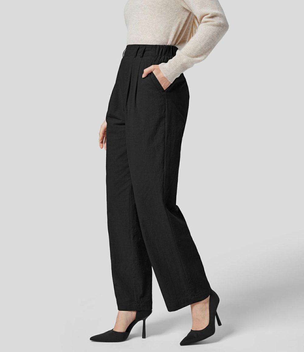 High Waisted Plicated Side Pocket Straight Leg Flowy Solid Palazzo Work Linen-Feel Pants  | Womens  Active Work Pants Active Work Pants Active Work Pants