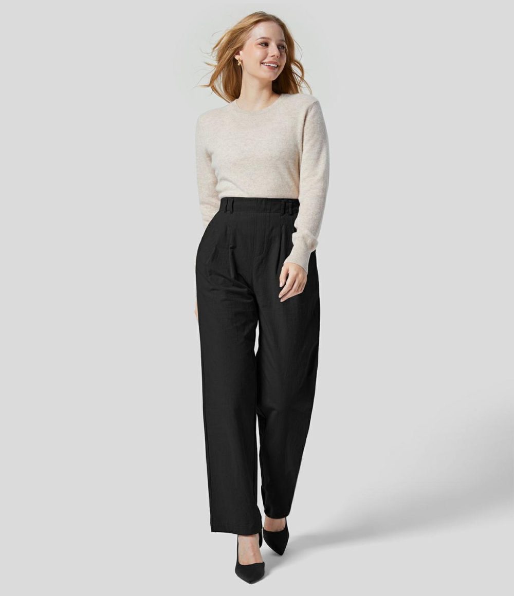 High Waisted Plicated Side Pocket Straight Leg Flowy Solid Palazzo Work Linen-Feel Pants  | Womens  Active Work Pants Active Work Pants Active Work Pants