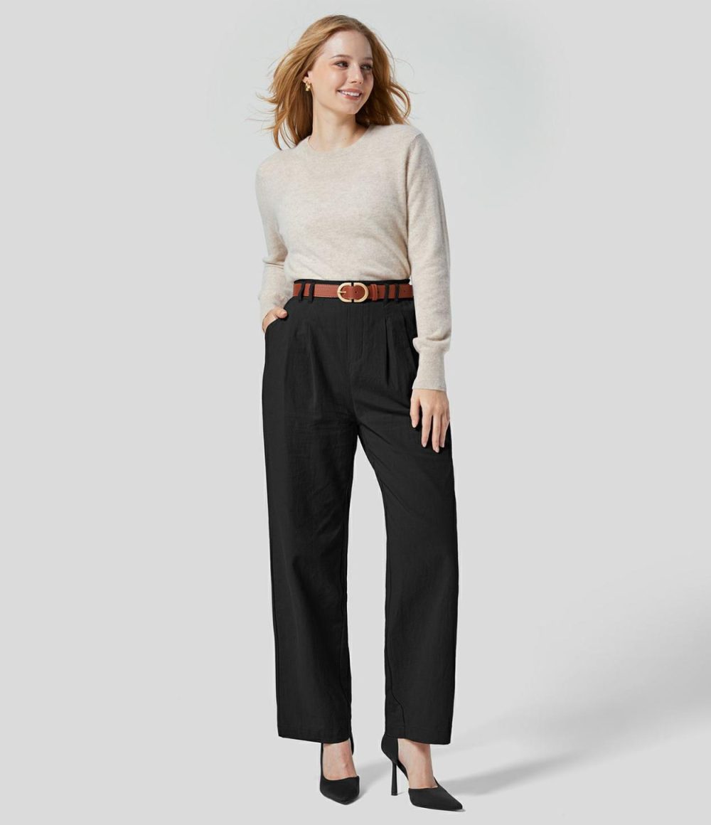 High Waisted Plicated Side Pocket Straight Leg Flowy Solid Palazzo Work Linen-Feel Pants  | Womens  Active Work Pants Active Work Pants Active Work Pants