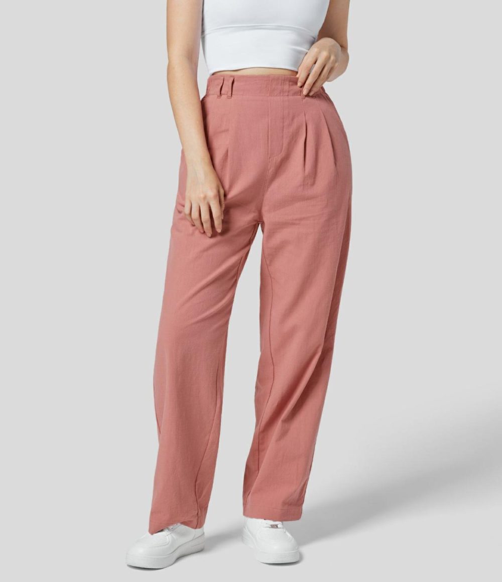 High Waisted Plicated Side Pocket Straight Leg Flowy Solid Palazzo Work Linen-Feel Pants  | Womens  Active Work Pants Active Work Pants Active Work Pants