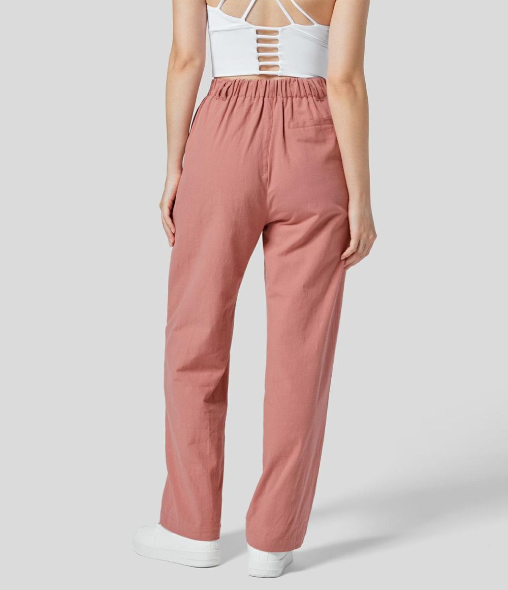 High Waisted Plicated Side Pocket Straight Leg Flowy Solid Palazzo Work Linen-Feel Pants  | Womens  Active Work Pants Active Work Pants Active Work Pants