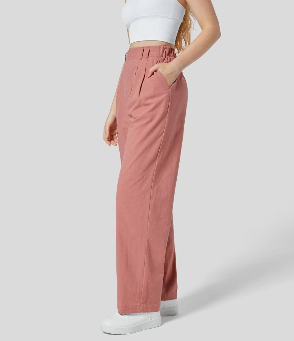 High Waisted Plicated Side Pocket Straight Leg Flowy Solid Palazzo Work Linen-Feel Pants  | Womens  Active Work Pants Active Work Pants Active Work Pants