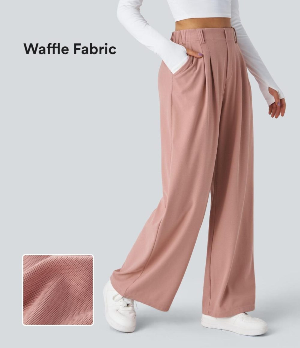 High Waisted Plicated Side Pocket Wide Leg Waffle Work Pants  | Womens  Active Work Pants Active Work Pants Active Work Pants