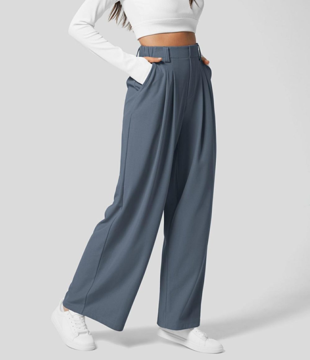 High Waisted Plicated Side Pocket Wide Leg Waffle Work Pants  | Womens  Active Work Pants Active Work Pants Active Work Pants