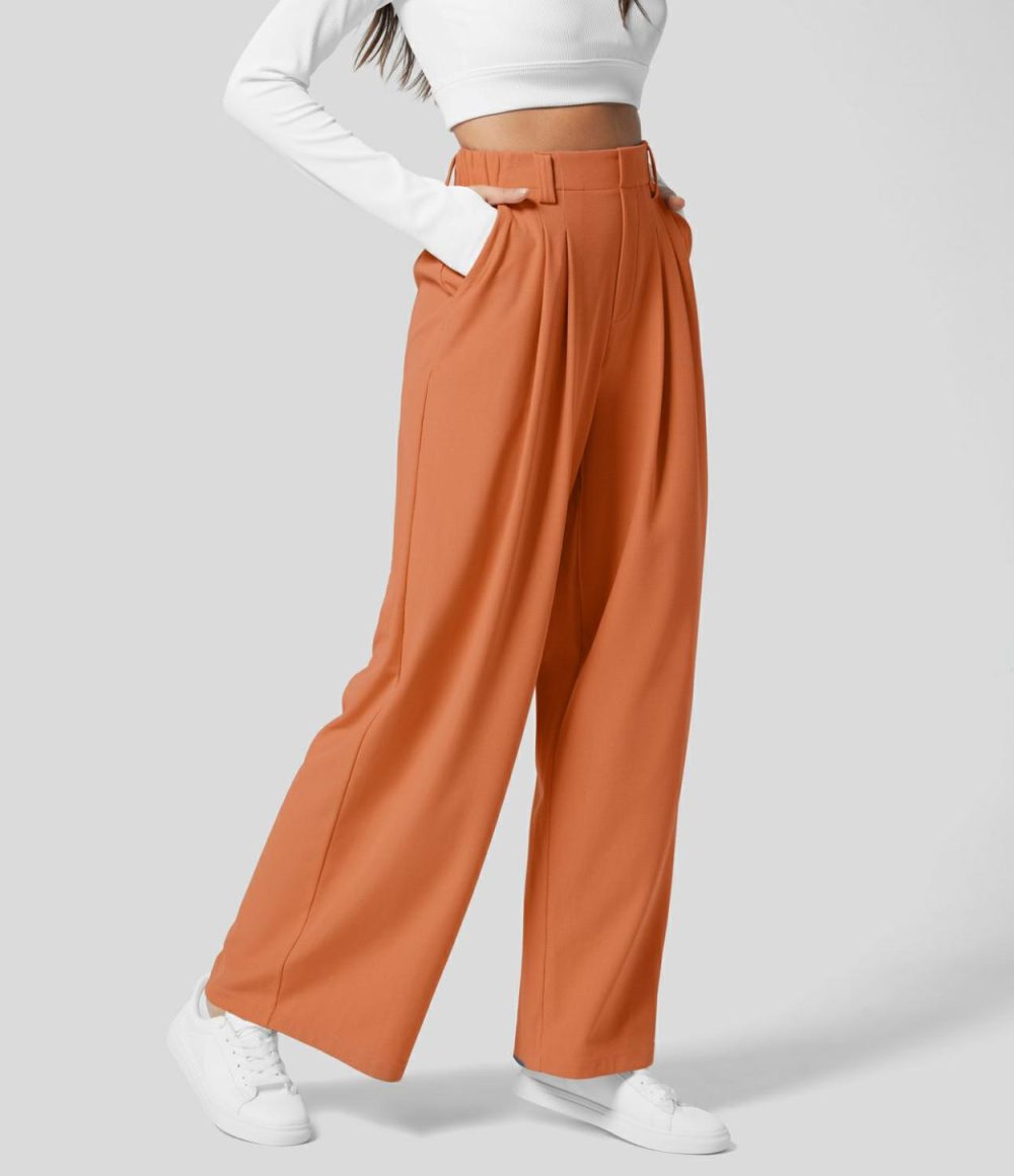 High Waisted Plicated Side Pocket Wide Leg Waffle Work Pants  | Womens  Active Work Pants Active Work Pants Active Work Pants