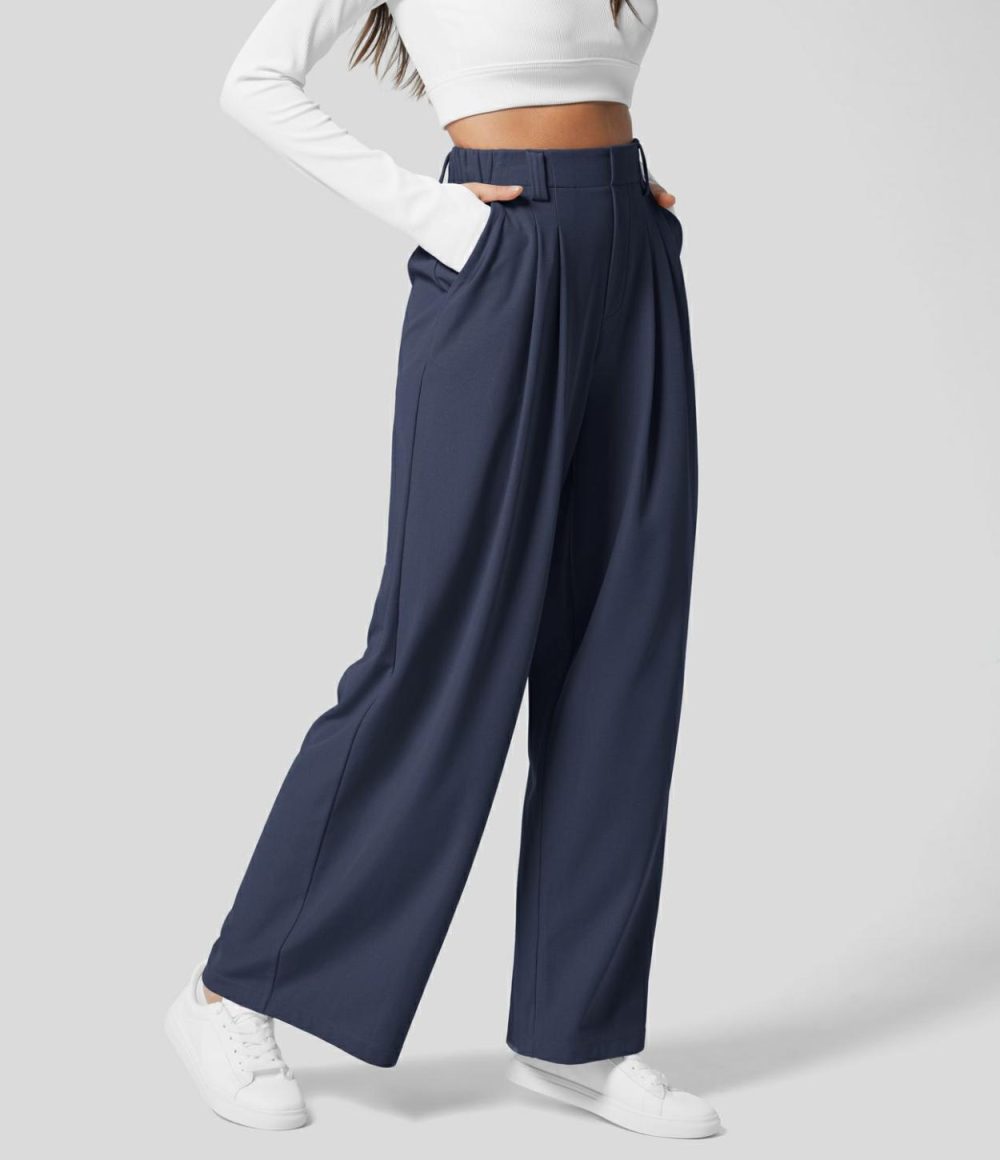 High Waisted Plicated Side Pocket Wide Leg Waffle Work Pants  | Womens  Active Work Pants Active Work Pants Active Work Pants